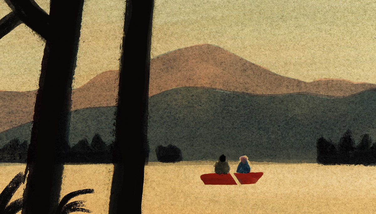An illustration of a boat crossing the water, with mountains in the background.