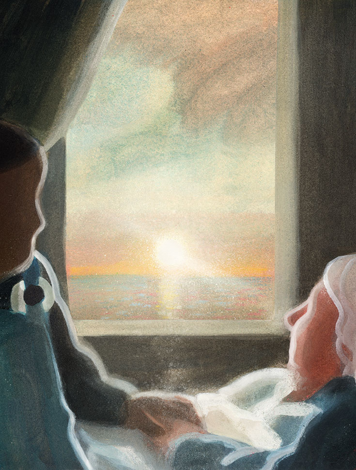 Painting of two people sitting by a window, overlooking the sunset.