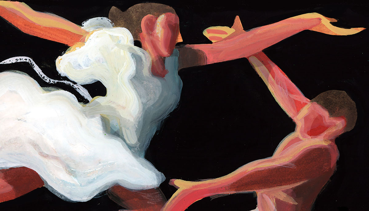 Illustrated dancers leap into eachother's arms