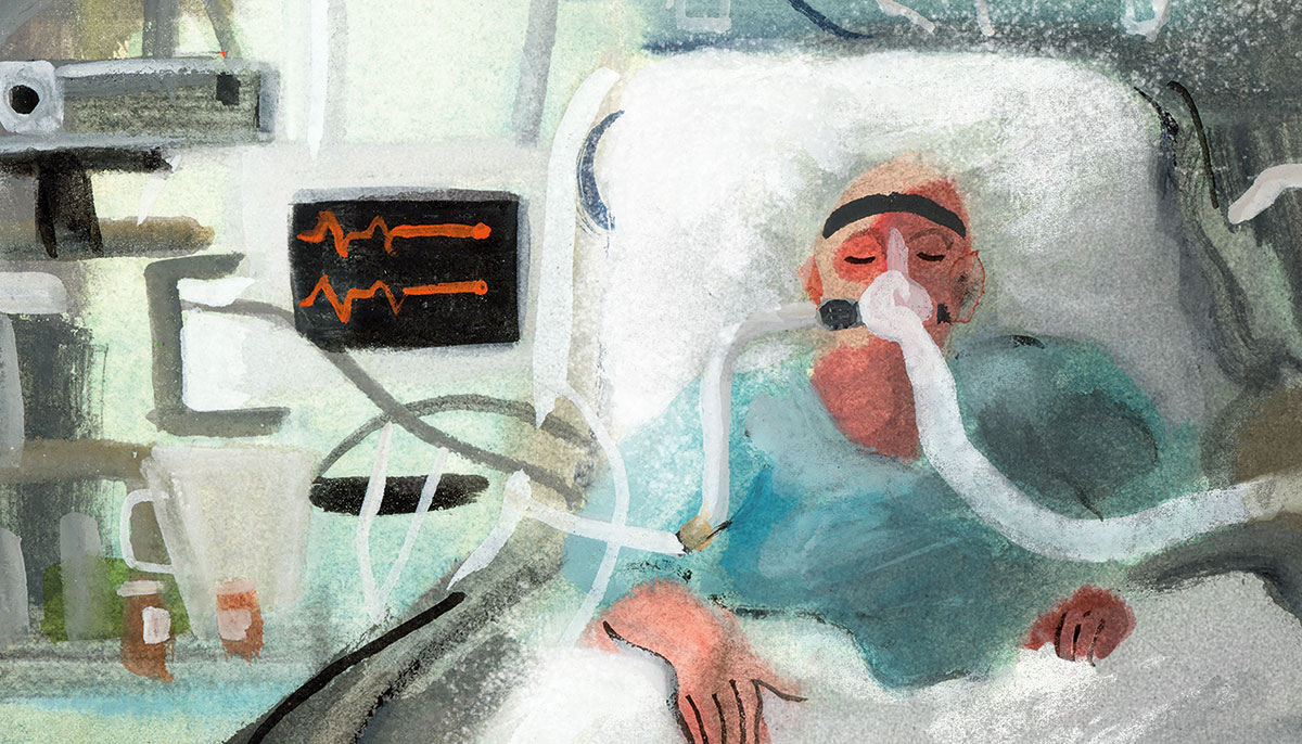 An illustrated person sits in hospital bed, connected to a ventilator.