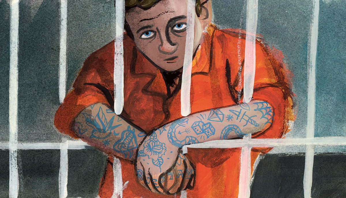 An illustrated inmate in an orange jumpsuit looks through prison bars.