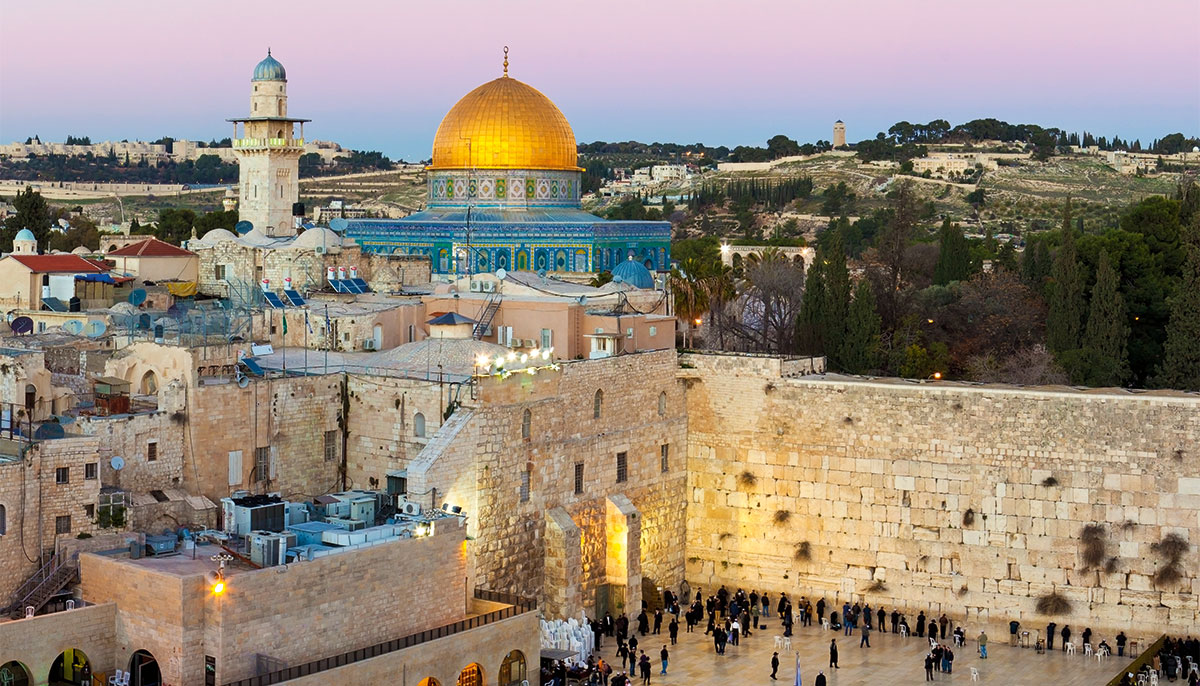 Western Wall in Jerusalem at twilight.