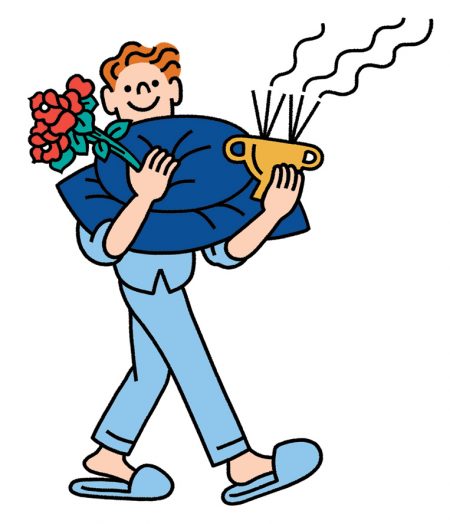 An illustration of a man carrying a meditation cushion, red flowers, and incense.