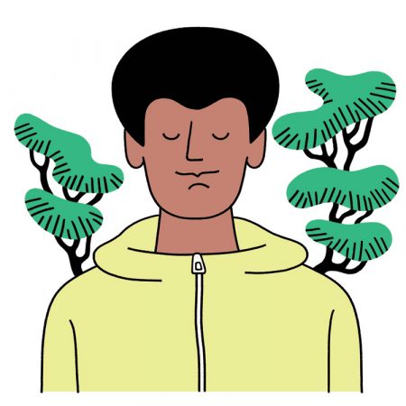 An illustrated man in a yellow zip-up sweater practices walking meditation between two trees.