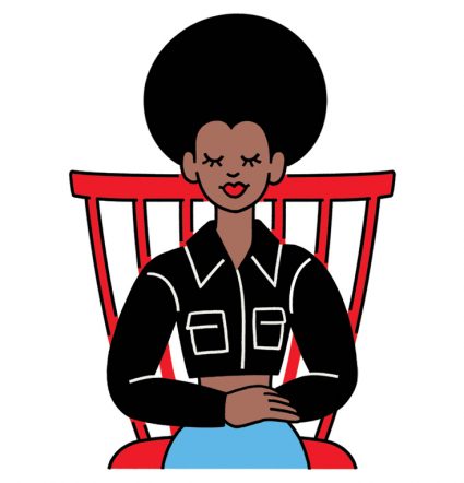 An illustrated woman sits in a red chair with her eyes closed. She is wearing a black button-up shirt and blue jeans practicing metta meditation